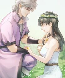  1boy arm_guards b-saku bare_arms bare_shoulders belt blurry breasts coat couple day depth_of_field dragon_quest dragon_quest_dai_no_daibouken dress eimi_(dai_no_daibouken) facing_another female field flower flower_field flower_ring flower_wreath from_side grey_hair hands_up head_wreath highres holding_another&#039;s_hair hyunkel long_hair looking_at_another nature on_one_knee pants profile purple_coat purple_pants short_hair short_sleeves smile straight white_dress white_flower 