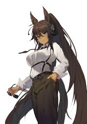  absurdres alternate_costume animal_ears black_hair black_necktie black_pants blue_eyes breasts collared_shirt dark-skinned_female dark_skin female from_below from_side hair_between_eyes hand_in_pocket highres holding holding_removed_eyewear horse_ears horse_girl horse_tail long_hair long_sleeves necktie pants ponytail shirt simple_background solo sunglasses symboli_kris_s_(umamusume) tail tsujiya_okuyasu umamusume unworn_eyewear white_background white_shirt 