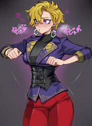  black_hair blonde_hair body_control breasts briar_(pokemon) earrings eyelashes female hair_between_eyes highres jacket jewelry large_breasts mochi_mochi_dance open_mouth pants pokemon pokemon_sv purple_eyes purple_jacket ratatatat74 red_pants shirt short_hair solo sweater sweater_under_jacket 