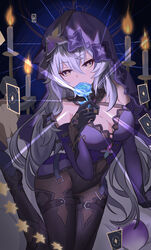  absurdres aichinaigai bare_shoulders black_gloves black_swan_(honkai:_star_rail) blue_flower blue_rose bodystocking breasts candle card cleavage covered_navel dress elbow_gloves female floating flower gloves grey_hair hair_between_eyes highres holding holding_flower honkai:_star_rail honkai_(series) large_breasts long_hair purple_dress purple_gloves rose sleeveless sleeveless_dress solo veil very_long_hair yellow_eyes 