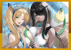  2girls animal azur_lane bird black_hair blonde_hair breast_press breasts choker closed_mouth dark-skinned_female dark_skin fingerless_gloves fingernails gloves goggles goggles_on_head green_eyes hair_over_one_eye haori_io highres hornet_(azur_lane) hornet_ii_(azur_lane) hornet_ii_(racing_across_the_waves)_(azur_lane) hose interlocked_fingers jewelry lips long_hair manjuu_(azur_lane) medium_breasts multiple_girls nail_polish necklace non-web_source northampton_(azur_lane) northampton_ii_(azur_lane) northampton_ii_(swimming_star)_(azur_lane) official_art open_mouth pool poolside shiny_skin smile teeth twintails upper_body upper_teeth_only water water_drop wet zipper zipper_pull_tab 