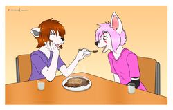  2018 allen_(allengsdexorcist) anthro artist_name border brown_eyes brown_hair canid canine canis chair digital_media_(artwork) domestic_dog duo eating eating_food english_text facial_markings feeding femboy food fur furniture fuyu_graycen german_shepherd hair head_markings herding_dog hi_res hybrid male male/male mammal markings pastoral_dog pie_(food) purple_hair shadow2007x simple_background table text water white_body white_border white_fur 