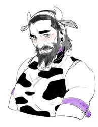  1boy alternate_costume animal_ears animal_print arm_belt bara beard bell blackwall blush covered_nipples cow_boy cow_ears cow_horns cow_print cowbell cropped_torso dragon_age dragon_age:_inquisition earrings facial_hair fake_animal_ears full_beard greyscale horns jewelry looking_at_viewer male_focus mature_male midoo_(scarecrow-forest) monochrome moustache muscular muscular_male pectorals shirt short_hair sleeveless sleeveless_shirt solo spot_color thick_beard thick_eyebrows thick_mustache 