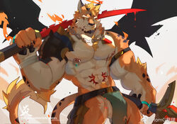  1boy abs animal_ears armor bara black_wings bulge chain_necklace chains cowboy_shot dual_wielding facial_hair furry furry_male goatee gyee holding holding_sword holding_weapon jaguar_boy jaguar_ears jewelry kasudachan large_pectorals looking_ahead male_focus mature_male muscular muscular_male navel necklace nipples original over_shoulder pauldrons pectorals pelvic_curtain revealing_clothes romg romg_the_jaguar sanpaku second-party_source short_hair shoulder_armor single_pauldron solo stomach sword thick_eyebrows tsurime v-taper weapon weapon_over_shoulder wings 