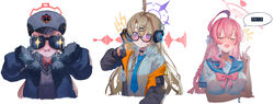  3girls absurdres ahoge betabeet binoculars black_choker black_jacket blonde_hair blue_archive blue_necktie blue_sailor_collar blush breasts choker closed_eyes collared_shirt fur-trimmed_jacket fur_trim grey_headwear halo hanako_(blue_archive) highres jacket kotama_(blue_archive) large_breasts long_hair long_sleeves multiple_girls necktie nodoka_(blue_archive) open_clothes open_jacket open_mouth pink_hair purple_eyes purple_halo red_halo sailor_collar school_uniform serafuku shirt short_sleeves small_breasts smile three_monkeys white_shirt 