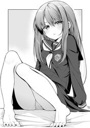  arm_support barefoot feet female full_body highres ina_(inadahime) knees_up leaning_back legs long_hair looking_at_viewer monochrome original panties pantyshot school_uniform serafuku shirt sitting skirt solo thighs toes tsubaki-chan_(ina_(inadahime)) underwear 