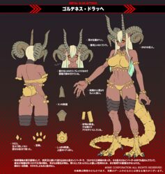  animal_feet armor artist_request bikini blonde_hair breasts concept_art dark_skin drache_goldenes dragon_girl dragon_horns dragon_tail female fingernails grey_nails horns large_breasts long_hair metal_slug metal_slug_attack mixed_horns monster_girl navel official_art swimsuit tail translation_request transparent_background yellow_bikini yellow_eyes 