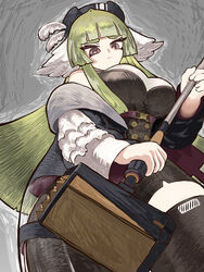  arknights bare_shoulders black_headwear black_romper black_thighhighs blunt_bangs breasts feather_hair feathers female green_hair grey_background hammer hat_feather highres holding holding_hammer holding_weapon jacket jacket_partially_removed long_hair looking_at_viewer md5_mismatch medium_breasts poncirus_(arknights) purple_eyes sidelocks sledgehammer sleeveless solo thiccborb thighhighs weapon white_feathers 