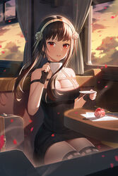  absurdres bad_id bad_pixiv_id black_dress black_hair boots breasts chinese_commentary cleavage commentary cup curtains dress female flower gold_hairband hairband highres holding holding_cup holding_saucer looking_at_viewer medium_breasts petals red_eyes red_flower red_rose revision rose rose_petals saucer sitting solo spy_x_family teacup thigh_boots train_interior wa_(user_snch2757) window yor_briar 