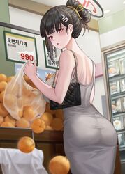  alternate_costume alternate_hairstyle ass back bag black_hair blue_archive blush breasts bright_pupils commentary_request dongtan_dress dress female food fruit grey_dress hair_ornament hairpin halo highres impossible_clothes impossible_dress indoors kama_(kama_ovo) korean_text large_breasts long_hair mandarin_orange meme_attire plastic_bag red_eyes rio_(blue_archive) short_hair shoulder_bag solo taut_clothes taut_dress translation_request white_pupils 