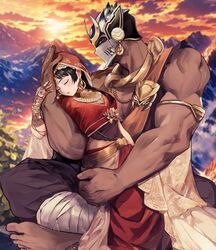  1boy armlet bad_id bad_twitter_id bandaged_leg bandages bara black_hair breasts cleavage closed_eyes dark-skinned_male dark_skin dress earrings female gold_necklace height_difference helmet henna hime_cut hood hood_up hug indian_clothes jewelry long_hair looking_at_viewer mountain muscular muscular_male necklace pectoral_cleavage pectorals protagonist_2_(housamo) red_dress shirt shiva_(housamo) sleeveless sleeveless_shirt straight sunset tass_commuovere thick_arms tokyo_afterschool_summoners 