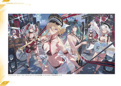  6+girls arm_up azur_lane bare_shoulders bass_guitar bikini bismarck_(azur_lane) bismarck_zwei_(azur_lane) blonde_hair blue_eyes blue_sky breasts cleavage closed_mouth cloud cloudy_sky cross day drum drum_set drumsticks electric_guitar eyewear_on_head fingernails green_hair guitar hair_ornament hairclip hand_up hat highres holding houston_(azur_lane) houston_ii_(azur_lane) instrument iron_cross jade_(azur_lane) long_hair looking_at_viewer medium_breasts microphone modare multicolored_hair multiple_girls nail_polish navel non-web_source o-ring o-ring_bikini off_shoulder official_art one_eye_closed open_mouth otto_von_alvensleben_(azur_lane) parted_lips peaked_cap red_hair regensburg_(azur_lane) see-through short_hair sky smile stomach sunglasses swimsuit twintails u-556_(azur_lane) u-556_(meta)_(azur_lane) v white_hair yellow_eyes 