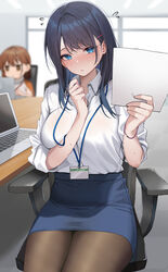  2girls absurdres black_pantyhose blue_eyes blue_hair blue_skirt blush breasts brown_hair chair collared_shirt commentary_request computer desk flying_sweatdrops hair_ornament hairclip hands_up highres holding holding_paper kouhai-chan_(udon) laptop large_breasts looking_at_viewer medium_hair multiple_girls nose_blush office office_chair office_lady ol-chan_(udon) original pantyhose paper pencil_skirt shirt shirt_tucked_in short_hair sitting skirt sleeves_rolled_up solo_focus swivel_chair udon_(udonalium) white_shirt 