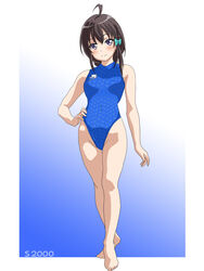  ahoge alternate_skin_color black_hair blue_one-piece_swimsuit braid braided_ponytail commentary_request competition_swimsuit covered_navel female full_body gradient_background hal-py hand_on_own_hip high_school_fleet highleg highleg_swimsuit highres long_hair one-piece_swimsuit purple_eyes side_braid sidelocks single_braid smile solo swimsuit turtleneck turtleneck_one-piece_swimsuit uchida_mayumi 