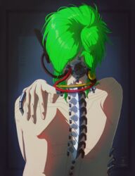  absurd_res body_modification cable cel_shading cybernetics cyberpunk cyborg green_hair hair hi_res human human_only machine male mammal mechanical_arm mechanical_parts not_furry seregore shaded short_hair socket solo spine wire 