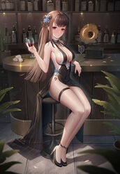  absurdres bad_id bad_pixiv_id bar_(place) bar_stool black_dress black_footwear blush bottle breasts brown_hair cleavage closed_mouth covered_navel cup dress drinking_glass female full_body high_heels highres holding holding_cup indoors large_breasts legs long_hair original phonograph plant potted_plant red_eyes sitting smile sparkle stool thighs toe_cleavage wa_(user_snch2757) wine_glass 