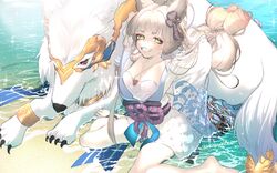  animal_ears arms_behind_back arumu barefoot breasts caustics criss-cross_halter diffraction_spikes eyeshadow female granblue_fantasy grey_hair grin hair_ornament hakutaku_(granblue_fantasy) halterneck japanese_clothes kimono long_hair long_sleeves looking_at_viewer makeup obi partially_submerged pholia pholia_(yukata) rope sash shimenawa shirt short_eyebrows short_kimono sitting small_breasts smile toes very_long_hair wariza water white_kimono white_shirt wide_sleeves yellow_eyes 