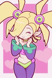  :&gt; blonde_hair choker clenched_hands closed_eyes cowboy_shot crop_top detached_sleeves english_commentary feet_out_of_frame female feretto hair_over_one_eye happy heart highres leggings letterboxed light_blush navel pantyhose pink_background plink_(shantae) pointy_ears purple_leggings shantae_(series) shantae_and_the_seven_sirens solo strapless swept_bangs tube_top twintails wayforward wide_hips wide_sleeves 