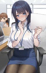  2girls black_pantyhose blue_eyes blue_hair blue_skirt blush breasts brown_hair chair collared_shirt commentary_request computer desk flying_sweatdrops hair_ornament hairclip hands_up highres holding holding_paper kouhai-chan_(udon) laptop large_breasts looking_at_viewer medium_hair multiple_girls nose_blush office office_chair office_lady ol-chan_(udon) original pantyhose paper pencil_skirt shirt shirt_tucked_in short_hair sitting skirt sleeves_rolled_up solo_focus swivel_chair udon_(udonalium) white_shirt 