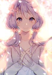  absurdres backlighting closed_mouth collarbone female floating_hair flower hair_between_eyes hair_flower hair_ornament highres long_hair long_sleeves low_twintails petals pink_flower purple_eyes purple_hair scan shiomizu_(swat) sleeves_past_wrists smile solo sweater twintails upper_body vocaloid white_background white_flower white_sweater yuzuki_yukari yuzuki_yukari_(onn) yuzuki_yukari_(vocaloid4) 