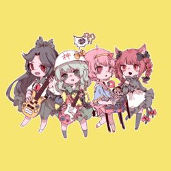  4girls :d :o ? ?? @_@ absurdres animal_ear_fluff animal_ears apron black_hair blouse blue_shirt blunt_bangs blush_stickers bow bowl bowl_hat braid buttons cat_ears cat_tail character_doll chibi collared_shirt commentary diamond_button dress electric_guitar eyebrows_hidden_by_hair frilled_shirt_collar frilled_sleeves frills green_bow green_dress green_eyes green_hair green_skirt guitar hair_ornament hairband hairbow hat hat_bow heart heart_button heart_hair_ornament highres holding holding_instrument instrument kaenbyou_rin keyboard_(instrument) komeiji_koishi komeiji_satori long_hair long_sleeves looking_at_another looking_at_viewer makihako_bunko medium_hair multiple_girls multiple_tails music oerba_yun_fang open_mouth parted_bangs pink_eyes playing_instrument red_bow red_eyes red_hair reiuji_utsuho shirt simple_background skin_fang skirt slit_pupils smile speech_bubble spoken_object standing sticker tail tail_bow tail_ornament third_eye touhou translated twin_braids two_tails very_long_hair waist_apron white_apron white_headwear white_shirt wide_sleeves yellow_background yellow_bow yellow_hairband yellow_shirt 