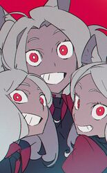  3girls animal_ears black_necktie black_vest cerberus_(helltaker) collared_shirt crazy_eyes demon_girl dog_ears dog_girl formal grin helltaker long_hair long_sleeves looking_at_viewer matching_outfits multiple_girls necktie open_mouth red_eyes red_shirt shirt siblings sisters smile smirk sowichi suit triplets twins vest waistcoat white_hair 