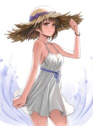  arm_at_side bare_shoulders blush bob_cut bow bracelet breasts brown_eyes brown_hair cleavage closed_mouth cowboy_shot dress female hand_on_headwear hand_up hat hat_bow highres jchoy jewelry looking_at_viewer medium_breasts original purple_bow purple_ribbon ribbon sash see-through_silhouette sleeveless sleeveless_dress smile solo straw_hat sun_hat sundress white_background white_dress 