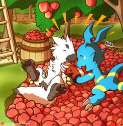  anthro apple apple_tree bandai_namco blue_body chicostyx claws closed_eyes digimon digimon_(species) digital_media_(artwork) dio_the_creedmon dragon duo fakemon fan_character feral food fruit fruit_tree guilmon happy hi_res hybrid lying male markings mythological_creature mythological_scalie mythology on_back on_front open_mouth outside plant scalie sven_the_giramon tail text toe_claws tree url veemon vitrex white_body 