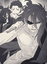  2boys cape clinging covering_face eyepatch female greyscale harusabin high_ponytail highres jacket japanese_clothes kimono korean_commentary long_hair looking_back md5_mismatch medium_hair midriff_sarashi monochrome multiple_boys muscular natsuki_subaru nervous open_mouth pectorals re:zero_kara_hajimeru_isekai_seikatsu reid_astrea sarashi sharp_teeth shaula_(re:zero) short_hair signature simple_background smile sweat teeth 