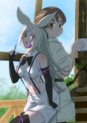  2girls aardvark_(kemono_friends) absurdres aburaeoyaji animal_ears bare_shoulders blush breasts brown_hair captain_(kemono_friends) cup elbow_gloves fingerless_gloves gloves grey_hair hair_ornament highres holding holding_cup jacket kemono_friends kemono_friends_3 large_breasts long_hair looking_at_viewer medium_breasts multiple_girls navel safari_jacket shirt short_hair shorts sleeveless suspenders tongue tongue_out 