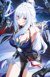  absurdres armpits arms_up blush breasts chains chinese_commentary commentary_request eyes_visible_through_hair female hair_ornament highres honkai:_star_rail honkai_(series) jingliu_(honkai:_star_rail) large_breasts long_hair looking_at_viewer parted_lips ponytail red_eyes solo thighs white_hair wu_ganlan_cai 