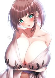  absurdres braid breasts brown_hair charlotte_corday_(fate) cleavage fate/grand_order fate_(series) female green_eyes highres large_breasts lee-taro looking_at_viewer naked_robe open_clothes open_mouth robe solo white_background white_robe 