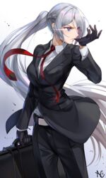  agent_47 agent_47_(cosplay) ak-15_(erwin)_(girls&#039;_frontline) ak-15_(girls&#039;_frontline) belt biting black_gloves black_jacket black_pants braid collared_shirt commentary cosplay dress_shirt english_commentary female formal french_braid girls&#039;_frontline glove_biting gloves highres hitman_(game) holding holding_suitcase jacket long_hair necktie niac official_alternate_costume pants pink_lips purple_eyes red_necktie shirt sidelocks solo standing suit suitcase very_long_hair white_background white_belt white_shirt 