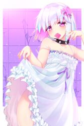  bare_arms bare_shoulders black_collar blue_hair bright_pupils clothes_lift collar collarbone condom condom_in_mouth condom_wrapper dohna_dohna_issho_ni_warui_koto_o_shiyou dress dress_lift eyes_visible_through_hair female fingernails hair_ornament heart heart_hair_ornament highres lifting_own_clothes light_blue_hair looking_at_viewer mouth_hold multicolored_hair nanami_neru pink_eyes pink_hair porno_(dohna_dohna) purple_ribbon ribbon see-through see-through_dress short_hair smile solo spiked_collar spikes strap_slip white_dress white_hair white_pupils 