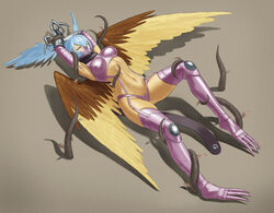  absurdres armpits arms_up bikini black_scarf blue_hair bound bound_wrists breasts claws closed_eyes commentary_request commission covered_nipples digimon digimon_(creature) feathered_wings female full_body garter_straps gauntlets gloves hair_between_eyes hair_wings highres kazukida leaf long_hair mask md5_mismatch medium_breasts mouth_mask navel pixiv_commission plant purple_bikini purple_footwear purple_gloves restrained ryona scarf shadow shoulder_pads shutumon sidelocks simple_background skindentation solo stomach sweat swimsuit thigh_gap vine_bondage vines wings 