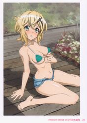  absurdres akatsuki_kirika bikini blonde_hair blush breasts comiket_102 denim denim_shorts english_text eyelashes female fujikawa_daichi green_bikini green_eyes hair_ornament hairclip highres looking_at_viewer medium_breasts navel senki_zesshou_symphogear short_hair shorts sitting solo swimsuit 