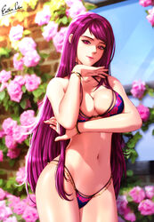  alternate_costume alternate_hair_length alternate_hairstyle arm_under_breasts bikini blue_bikini breasts cleavage cowboy_shot cut_bangs esther_shen female fire_emblem fire_emblem_engage flower ivy_(fire_emblem) large_breasts long_hair looking_at_viewer mole mole_under_mouth navel outdoors pink_flower purple_eyes purple_hair rose signature solo stomach swimsuit very_long_hair 