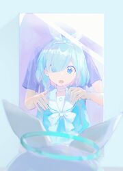  1other aqua_hair arona_(blue_archive) blue_archive blue_eyes blue_shirt bow bowtie brushing_another&#039;s_teeth brushing_teeth female hair_over_one_eye hairband halo head_out_of_frame highres kyuuri_(miyako) mirror multicolored_hair pink_hair pov reflection sailor_collar school_uniform sensei_(blue_archive) serafuku shirt short_hair simple_background toothbrush upper_body white_bow white_bowtie white_hairband white_sailor_collar 