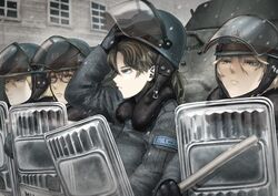  4girls adjusting_clothes adjusting_headwear armored_personnel_carrier armored_vehicle ballistic_shield baton_(weapon) blonde_hair brown_hair commentary_request day didloaded expressionless fur-trimmed_jacket fur_trim glasses helmet jacket lips looking_ahead multiple_girls original outdoors poland police police_uniform policewoman riot_police shield shield_wall snowing uniform upper_body visor_(armor) weapon 