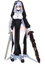  absurdres aidoruhakase alternate_costume aqua_eyes blasphemous_blade braid braided_bangs dual_wielding earrings elden_ring english_commentary female grey_hair hair_ornament highres holding hololive hololive_indonesia jewelry long_hair necklace nun pavolia_reine platform_footwear shaded_face side_slit single_earring smile solo sword thighhighs very_long_hair virtual_youtuber weapon weapon_request 