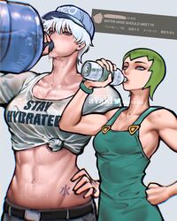  2girls abs armpits ayaki_blade bottle breasts clothes_writing drinking english_text foo_fighters_(jojo) green_hair hand_on_own_hip hat height_difference highres jojo_no_kimyou_na_bouken large_breasts medium_breasts multiple_girls muscular muscular_female original overalls shirt size_difference stay_hydrated stone_ocean tied_shirt toned twitter water_bottle watermaid_(ayaki_blade) wet wet_clothes white_hair 