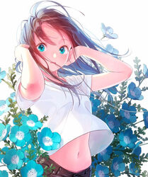  arms_up blue_eyes blue_flower blue_hair blush breasts brown_hair denim earphones female floating_hair flower gradient_hair hami_yura jeans long_hair looking_at_viewer multicolored_hair navel nemophila_(flower) open_mouth original pants red_hair shirt short_sleeves small_breasts solo t-shirt white_shirt wind wind_lift 