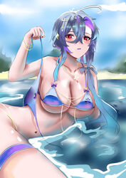  absurdres azur_lane bikini bikini_bottom_aside blue_bikini blue_hair breasts chinese_commentary clothing_aside commentary_request cross_hair_ornament day female foch_(azur_lane) hair_between_eyes hair_ornament highres holding holding_clothes holding_swimsuit large_breasts looking_at_viewer mianbaoren multicolored_hair outdoors partial_commentary purple_hair red_eyes shiny_skin short_hair_with_long_locks streaked_hair swimsuit unworn_bikini_bottom water 