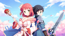  2girls armor back-to-back bare_shoulders black_hair blue_cape blue_jacket blue_sky breasts brown_gloves cape chinese_commentary cleavage closed_mouth cloud cosplay day detached_sleeves dress gloves green_eyes hair_bun highres holding holding_staff holding_sword holding_weapon jacket langbazi long_sleeves love_live! love_live!_nijigasaki_high_school_idol_club medium_breasts multiple_girls one_side_up outdoors pauldrons petals pink_hair princess_connect! red_hair short_hair shoulder_armor signature single_hair_bun single_side_bun sky smile staff sword takasaki_yu twintails uehara_ayumu weapon white_dress white_sleeves wide_sleeves yui_(princess_connect!) yui_(princess_connect!)_(cosplay) yuuki_(princess_connect!) yuuki_(princess_connect!)_(cosplay) 