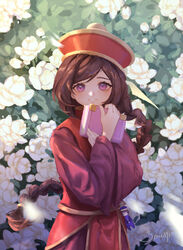  absurdres blouse bongun book braid braided_ponytail brown_hair bush character_doll chinese_commentary commentary cowboy_shot dress female flower hat highres holding holding_book jiangshi long_hair long_sleeves looking_at_viewer munak pants purple_eyes qingdai_guanmao ragnarok_online red_dress red_hat red_pants red_shirt sandwich_(3meiji) shirt signature smile solo swept_bangs white_flower 