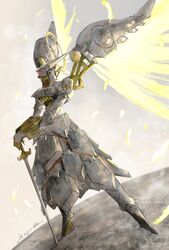  1other absurdres archangel_michael_(shaman_king) armor cross falling_feathers feathers full_armor glowing halo hand_on_hilt hand_on_weapon highres ikuyoan mechanical_wings other_focus planted planted_sword shaman_king solo standing sword weapon wings yellow_feathers 