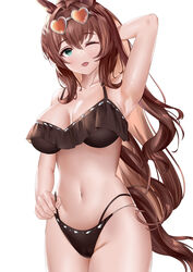  ;d absurdres animal_ears aqua_eyes arm_behind_head arm_up armpits bikini black_bikini blush breasts breasts_apart brown_hair cameltoe chinese_commentary cleavage collarbone commentary_request cowboy_shot eyewear_on_head female frilled_bikini frills groin hair_between_eyes hair_intakes halterneck heart heart-shaped_eyewear high_ponytail highleg highleg_bikini highres horse_ears horse_girl horse_tail io_(wadm5455) large_breasts light_blush long_hair looking_at_viewer maruzensky_(blasting_off_summer_night)_(umamusume) maruzensky_(umamusume) multi-strapped_bikini navel official_alternate_costume one_eye_closed open_mouth orange-tinted_eyewear partial_commentary ponytail sidelocks simple_background skindentation smile solo strap_pull sunglasses swimsuit tail tinted_eyewear umamusume very_long_hair wavy_hair white_background 