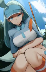  ahoge blue_eyes blue_hair blue_hat blue_skirt breasts buttons closed_mouth cloud collared_shirt commentary day eyelashes female flipped_hair foliage from_below golf_club green_hair hat holding holding_golf_club kahili_(pokemon) knees knees_together_feet_apart light_blue_hair long_hair looking_at_viewer mole mole_under_eye orange_socks outdoors pokemon pokemon_sm shirt short_sleeves skirt sky socks solo striped_clothes striped_shirt visor_cap yuuyuu_(yuuki1771) 