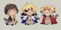  3: :3 blonde_hair blue_cape brown_hair cape claude_von_riegan claude_von_riegan_(cosplay) clothed_pokemon cosplay dimitri_alexandre_blaiddyd dimitri_alexandre_blaiddyd_(cosplay) double_bun edelgard_von_hresvelg edelgard_von_hresvelg_(cosplay) elelror eyepatch fake_horns fire_emblem fire_emblem:_three_houses fur_trim hair_bun highres horned_headwear horns mimikyu no_humans pokemon pokemon_(creature) red_cape simple_background tiara 