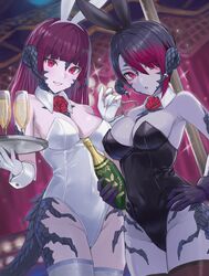  2girls absurdres animal_ears au_ra black_gloves black_hair black_horns black_leotard blunt_bangs bottle breasts champagne_bottle champagne_flute cleavage colored_skin commentary commission cowboy_shot cup detached_collar dragon_girl dragon_horns dragon_tail drinking_glass enporion eyes_visible_through_hair fake_animal_ears final_fantasy final_fantasy_xiv flower gloves gradient_hair hair_over_one_eye hand_on_own_hip hand_up highleg highleg_leotard highres holding holding_bottle holding_plate horns large_breasts leotard long_hair looking_at_viewer multicolored_hair multiple_girls original parted_lips plate playboy_bunny purple_hair rabbit_ears red_eyes red_flower red_rose rose scales short_hair skeb_commission smile strapless strapless_leotard tail thighhighs warrior_of_light_(ff14) white_gloves white_leotard white_thighhighs 